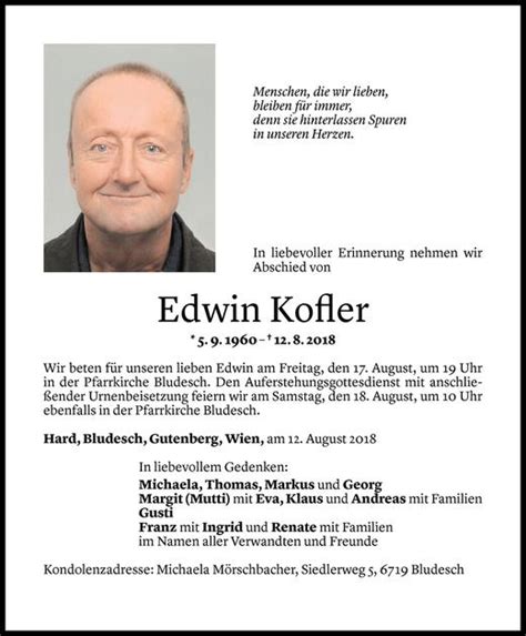 Todesanzeigen Von Edwin Kofler Todesanzeigen Vorarlberger Nachrichten