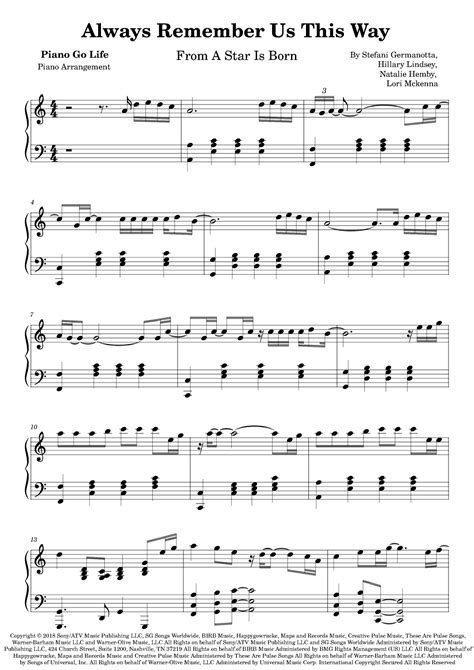 Always Remember Us This Way Arr Piano Go Life By Lady Gaga Sheet Music For Piano Solo At