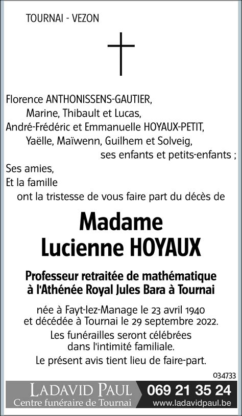 Lucienne HOYAUX 29 09 2022 Avis nécrologique lavenir net