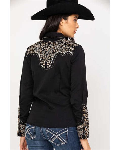 Scully Women S Scroll Embroidered Long Sleeve Pearl Snap Western Shirt Black Tan