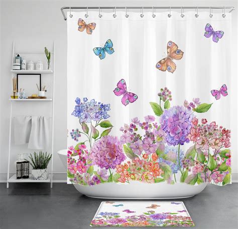 Vibrant Purple Butterfly And Floral Shower Curtain Set Brighten Your