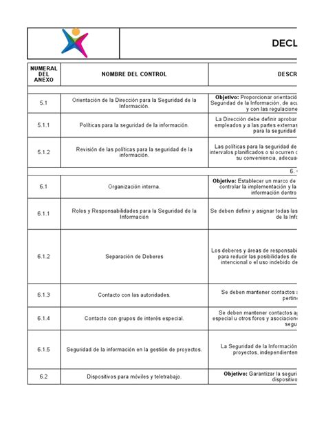 Declaracion De Aplicabilidad Pdf Seguridad De Información Software