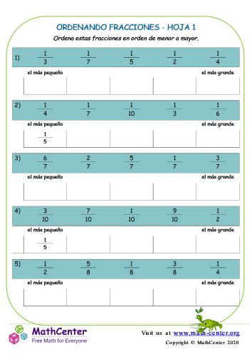 Ordenando Fracciones Hoja Hojas De Trabajo Math Center
