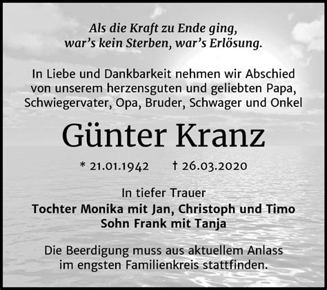 Traueranzeigen Von G Nter Kranz Abschied Nehmen De