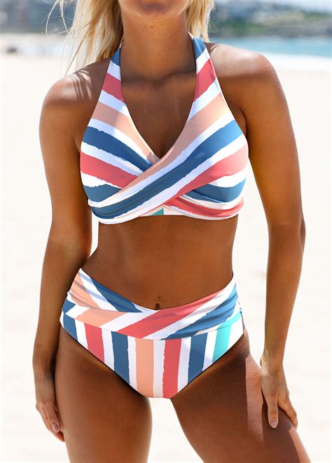 Rotita Criss Cross Multi Color Striped Bikini Set Rotita Usd