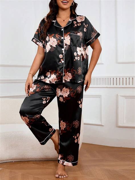 Plus Floral Print Contrast Piping Satin PJ Set Pajama Set SHEIN USA