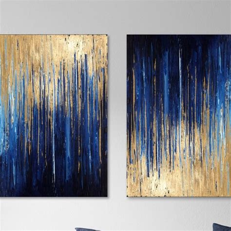 Navy Blue Gold Abstract Modern Acrylic Painting On Canvas Etsy