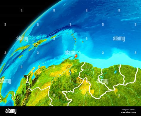 Orbit View Of Caribbean Highlighted In Red With Visible Borderlines On