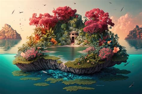 Premium Ai Image A Surreal Float Island Covered In Lush Greenery And