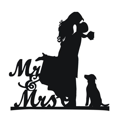 Cake Topper With Dog Pet Mr And Mrs Bride And Groom Silhouette Funny