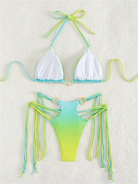 Emmiol Free Shipping Printed O Ring String Bikini Set Green M In