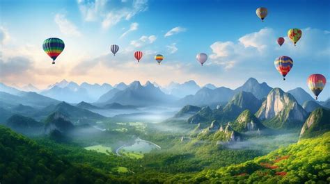 Premium Photo Hot Air Balloons Above The Mountains Colorful Hot Air