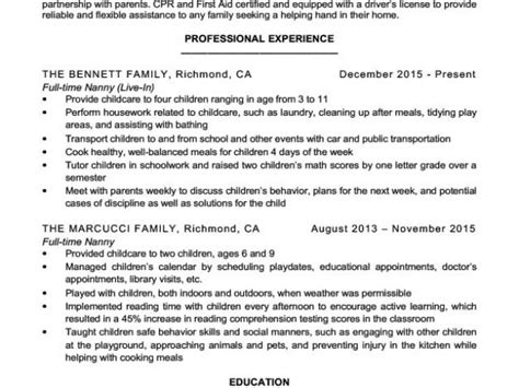 Professional Nanny Resume Nanny Resume Sample Writing Tips Resume Companion Williamson