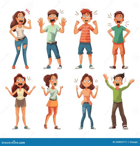 Shock Reaction Characters Cartoon Vector Set. Men Woman Hands Up Big ...