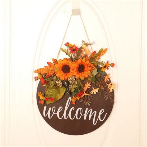 "Norbi Fall Welcome Sign, 12x12"" Sunflower Wreath, Wooden Hanging for ...