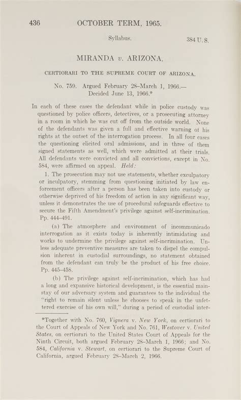 Miranda V Arizona 348 Us 436 1966 A Landmark Decision United