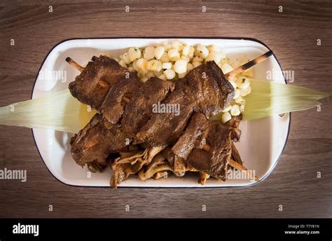 Traditional Peruvian Food Anticuchos Grilled Skewered Beef Heart Meat