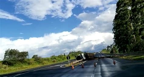 Caminhão carregado toras de eucalipto tomba na BR 376 em PG D