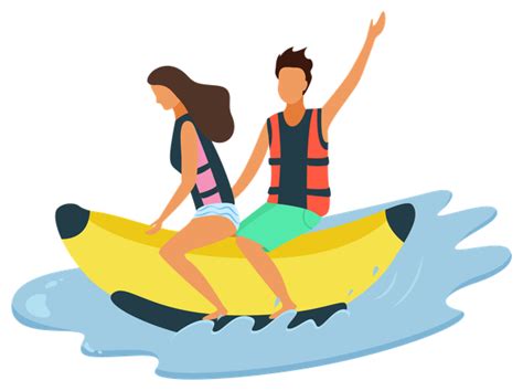 105177 Man And Woman Riding On Inflatable Banana Ride Illustrations