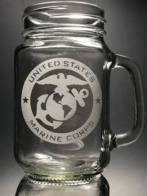 United States Marine Corps Hand Etched Mason Jar Mug 16 Fl Oz Etched