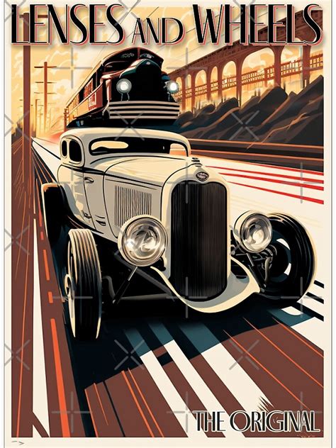 "Art Deco Hot Rod vs. Train" Poster for Sale by lensesandwheels | Redbubble