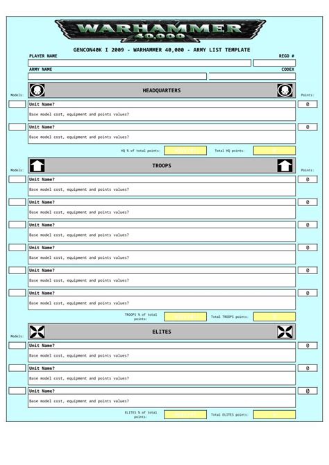 XLS Warhammer 40k Army List Template DOKUMEN TIPS