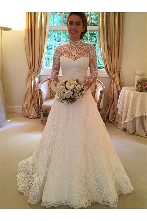 A Line High Neck Long Sleeves Keyhole Back Lace Wedding Dresses Bridal