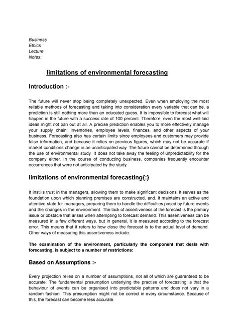 Limitations Of Environmental Forecasting Business Ethics Lecture