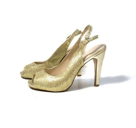 90s Gold Peeptoe Pumps 8m Nine West Metallic Gold High Heels Gold