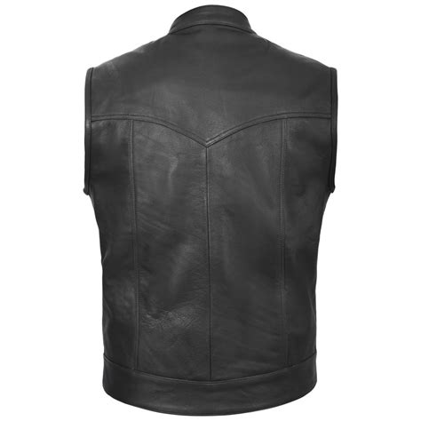 Collarless Real Leather Motorcycle Cut Off Soa Style Black Etsy