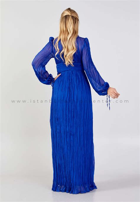 Remor Long Sleeve Maxi Chiffon Column Plus Size Blue Evening Dress