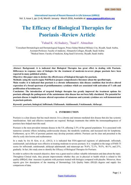 The Efficacy Of Biological Therapies For Psoriasis Review Article