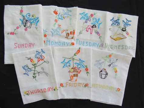 Vintage 7 Days Of Week Kitchen Towels Hand Sewn Blue Birds Sunday Thru