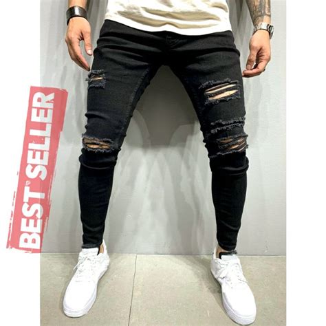 Jual Celana Sobek Pria Ripped Jeans Panjang Robek Hitam Shopee