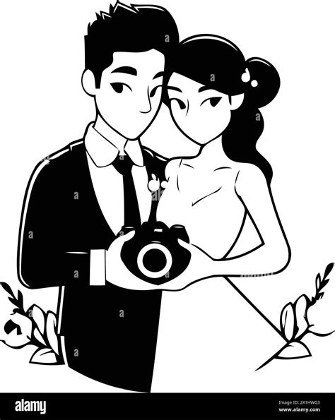 Wedding Couple Bride And Groom With Camera Vector Illustration Stock