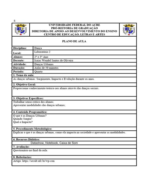 Plano De Aula De Dança - Plano de Aula Dança - 01 Aulas | PDF
