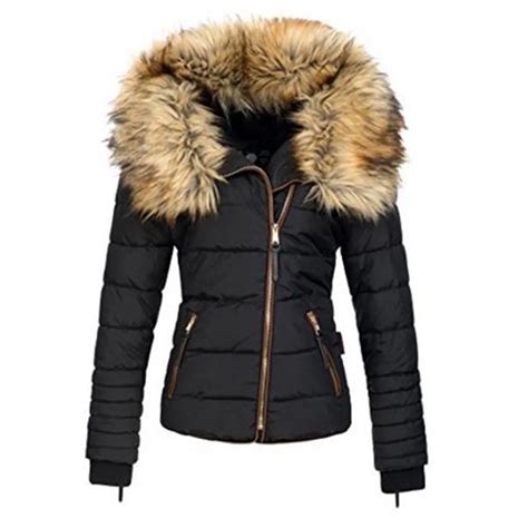 Winter Women Short Parkas Coat Warm Fake Fur Collar Zipper Black Solid