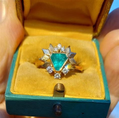 Unusual Trilliant Cut Emerald And Diamond Ring K Ar Gem