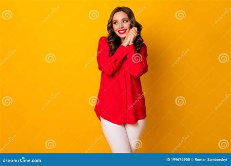 Photo Of Attractive Funny Curly Lady Hold Hands Together Look Overjoyed