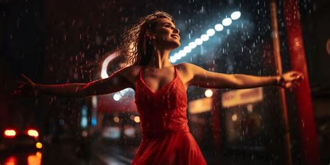 Premium Photo | Happy lady dancing in the rain in a red outfit ...