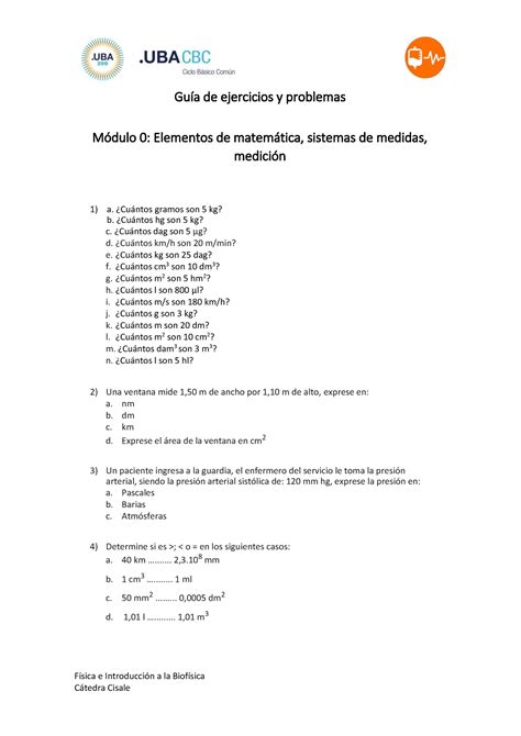 Guía de Ejercicios Módulo 0 Física e Introducción a la Biofísica Guía