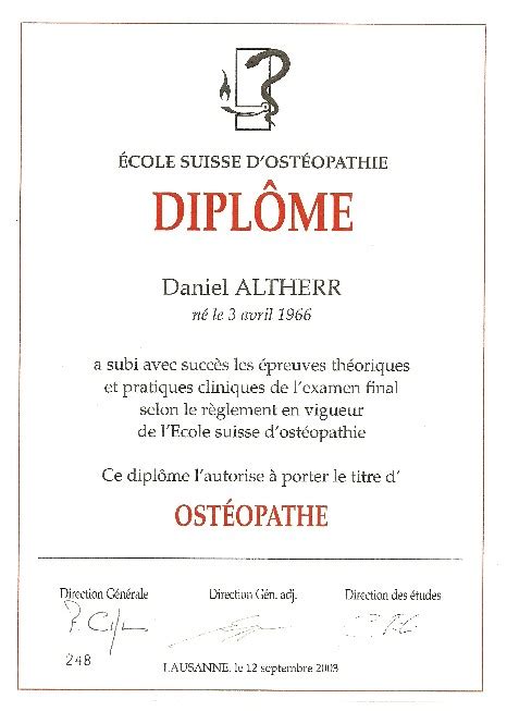 Diplome Cabinet D Ost Opathie Daniel Altherr Praxis F R Osteopathie