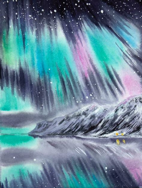 Mano Pintado Acuarela Del Norte Luces Paisaje Acuarela Aurora Boreal