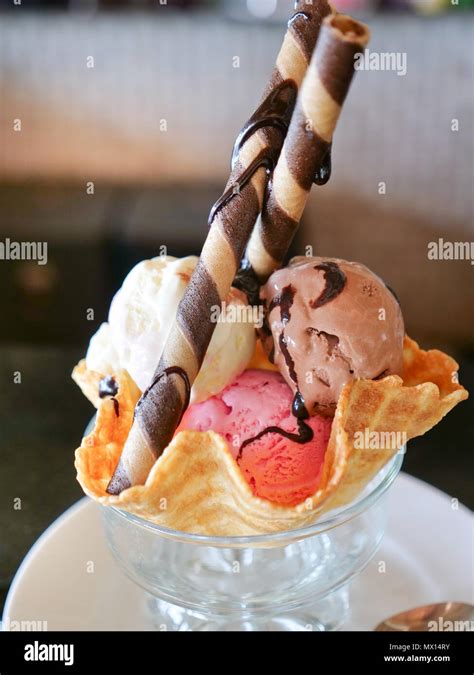 Mixed Ice Cream Scoops In Wafer Bowl Dessert Sundae With Neapolitan