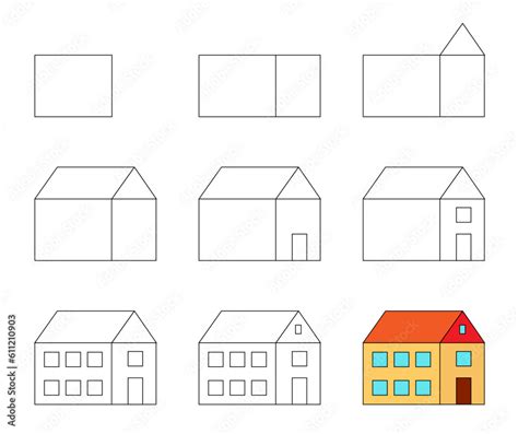 Worksheet easy guide to drawing big house. Simple step by step drawing ...