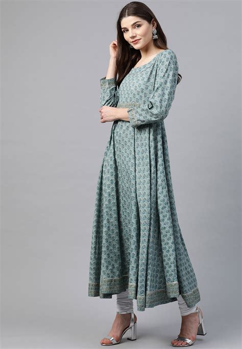 Sanganeri Printed Cotton Anarkali Kurta In Dusty Blue TKV137