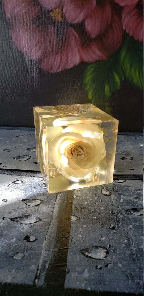 Preserved Wedding Flowers In Large Resin Cube Like Glass Paperweight