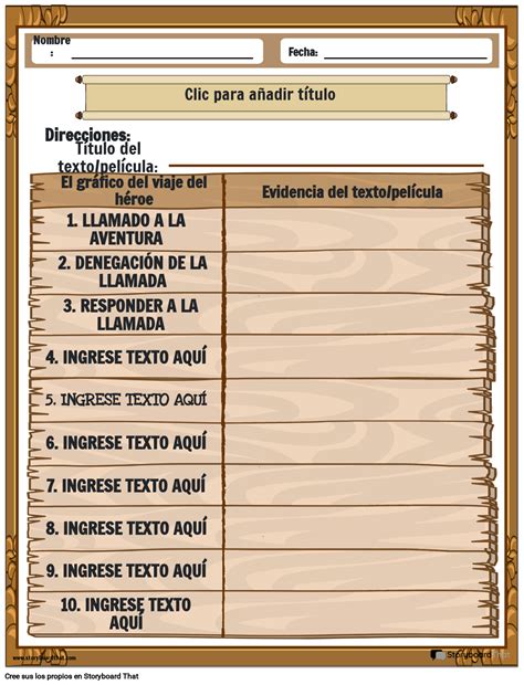 Hoja de Trabajo Trazando el Viaje del Héroe Storyboard