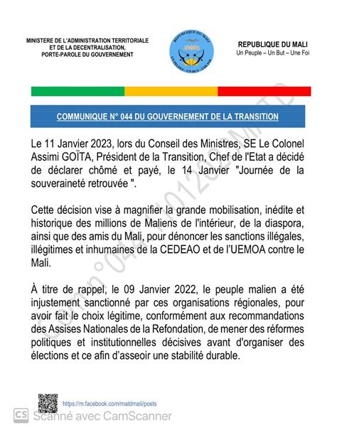 Ministère des Affaires étrangères du Mali on Twitter Communiqué N044