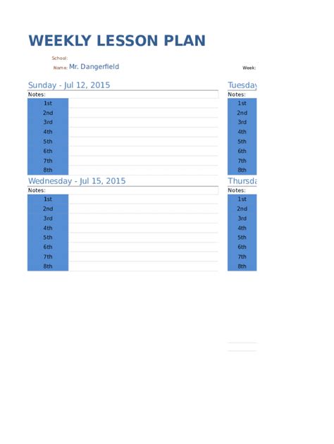 Weekly Lesson Plan Template Fill Online Printable Fillable Blank